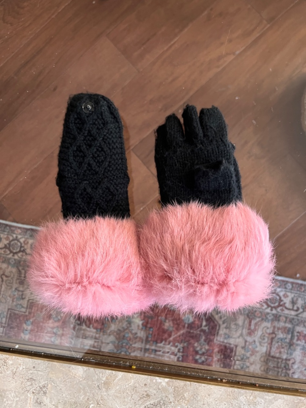 SURELL KIDS Flip Top Mittens With Pink Rabbit Fur Cuff